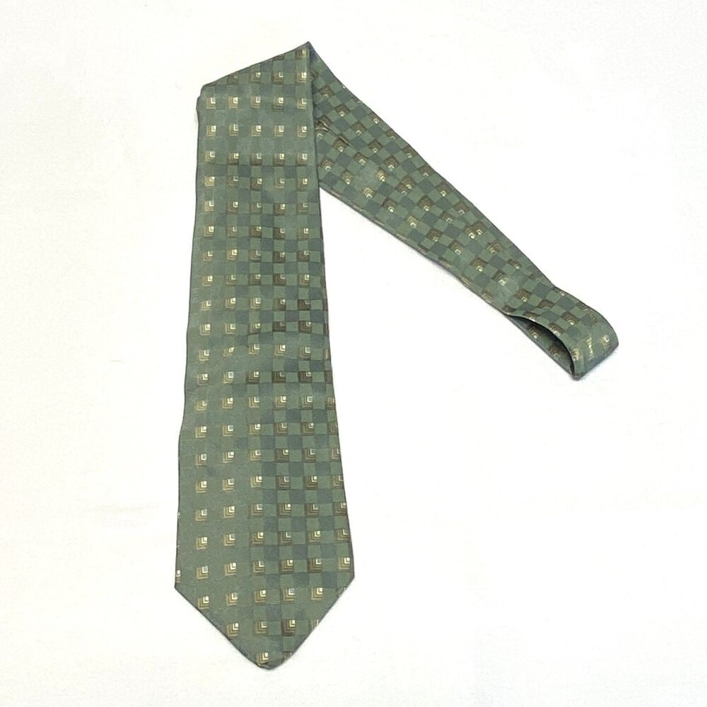Van Heusen Silk Tie Green Gold Abstract Squares Classic Men’s Neckwear